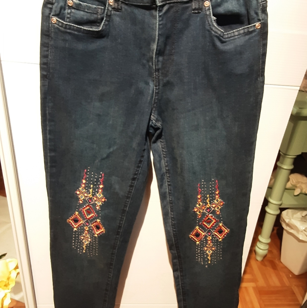 Angel Dark Blue Skinny Jeans with Colorful Embroidery